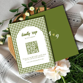 Olive green Minimalist Retro Checker Arch Wedding RSVP Kaartje