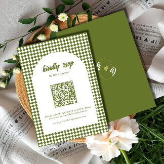 Olive green Minimalist Retro Checker Arch Wedding RSVP Kaartje
