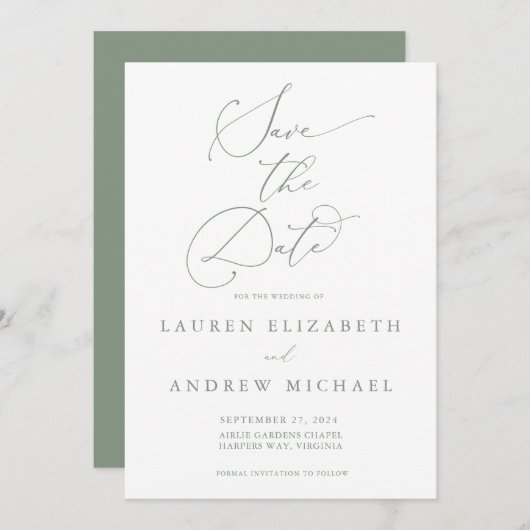 Olive Green Minimalist Save the Date Invitation Kaart (Voorkant / Achterkant)