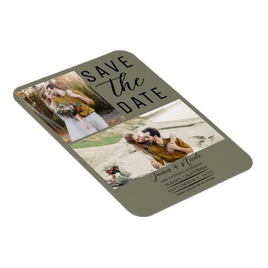 Olive Green Modern 2 foto's Save the Date Wedding Magneet (Rechterzijde)