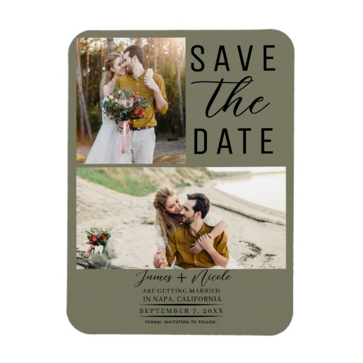 Olive Green Modern 2 foto's Save the Date Wedding Magneet (Verticaal)