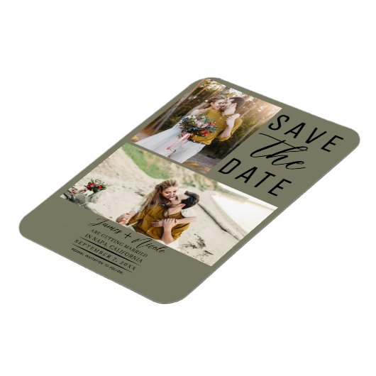 Olive Green Modern 2 foto's Save the Date Wedding Magneet (Linkerzijde)