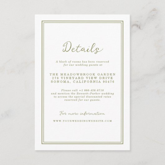 Olive Green Modern Wedding Details Card Informatiekaartje (Voorkant)