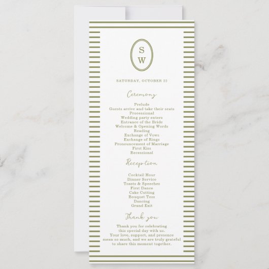 Olive Green Modern Wedding Program Card Kaart (Voorkant)