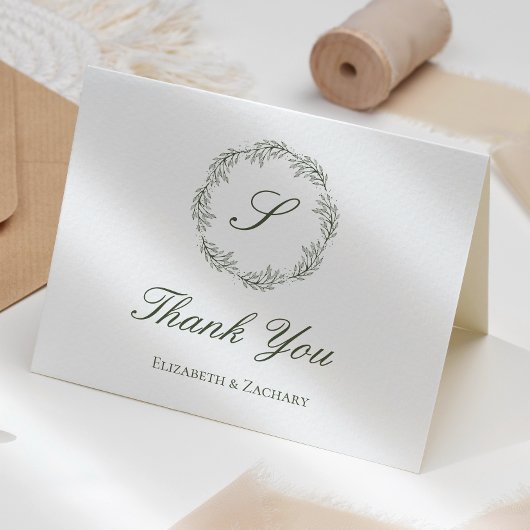 Olive Green Monogram Krans Huwelijk Dank u Kaart