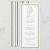 Olive Green Monogram Long Wedding Menu Card Kaart (Voorkant / Achterkant)