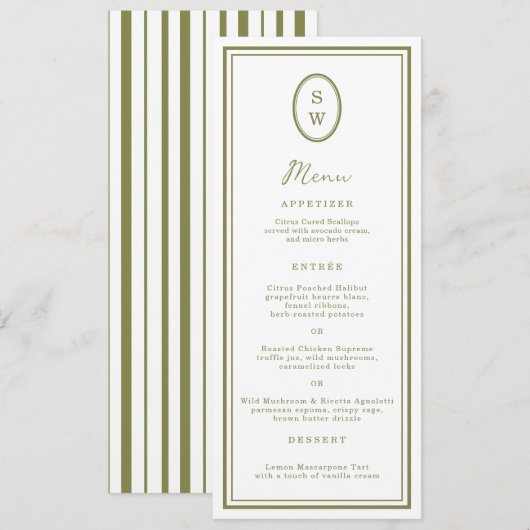 Olive Green Monogram Long Wedding Menu Card Kaart (Voorkant / Achterkant)
