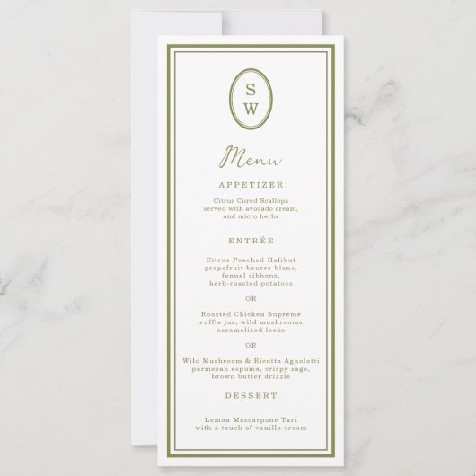 Olive Green Monogram Long Wedding Menu Card Kaart (Voorkant)