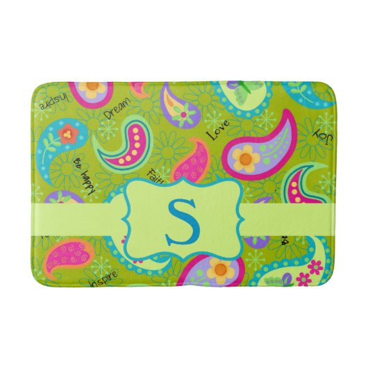 Olive Green Monogram Modern Paisley Pattern Badmat (Voorkant)