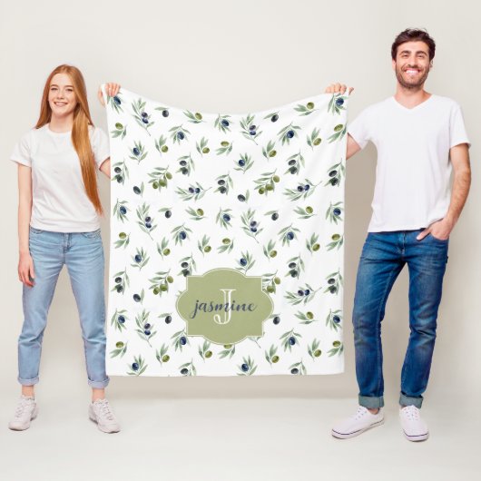 Olive Green Monogram Name Watercolor Chic Pattern Fleece Deken (In situ)