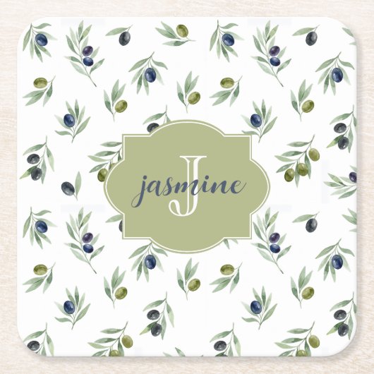 Olive Green Monogram Name Watercolor Chic Pattern Kartonnen Onderzetters (Voorkant)