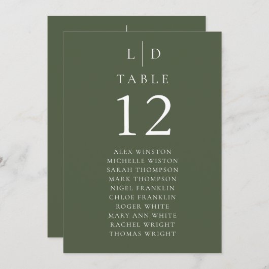 Olive Green Monogram Tafelnummer Zitenkaart (Voorkant / Achterkant)