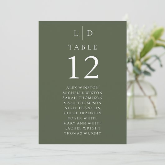 Olive Green Monogram Tafelnummer Zitenkaart (Staand voorkant)