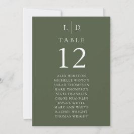 Olive Green Monogram Tafelnummer Zitenkaart