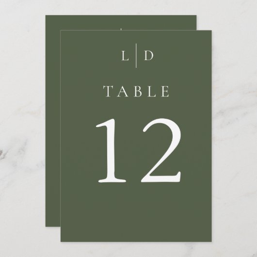 Olive Green Monogram Trouwtafel Nummers Kaart (Voorkant / Achterkant)
