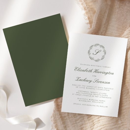 Olive Green Monogram Wreatscript Invitation Kaart