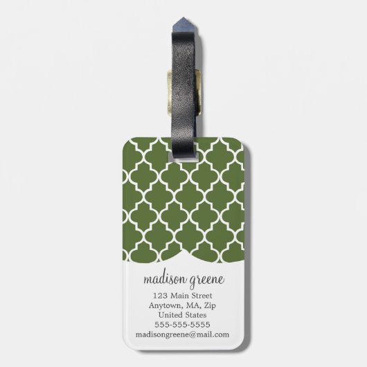 Olive Green Moroccan Lattice Personalized Bagagelabel (Achterkant verticaal)