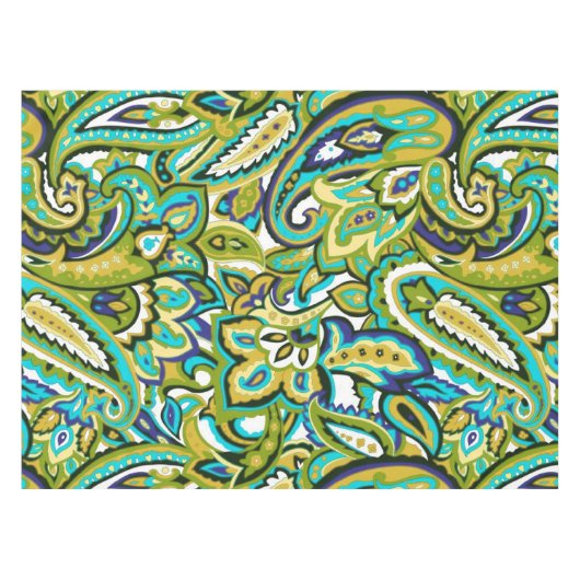 Olive Green Mustard Yellow Turquoise Blue Paisley Tafelkleed (Voorkant (Horizontaal))