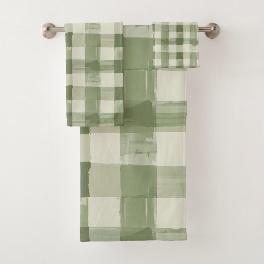 Olive Green Plaid Gingham Geruite Badkamer Bad Handdoek (Insitu)