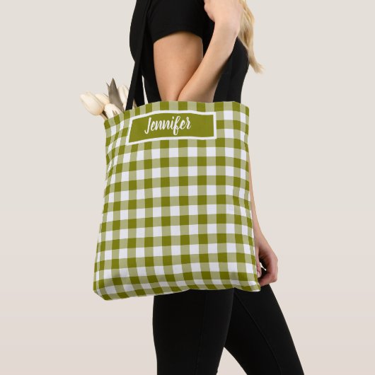 Olive Green Plaid Gingham Personalized Tote Bag (Dichtbij)