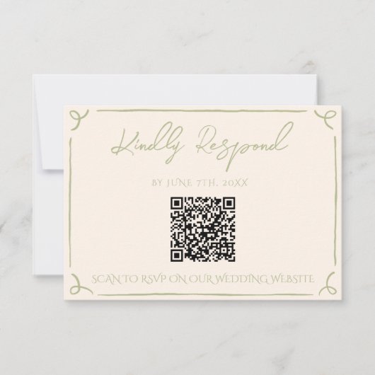 Olive Green QR Code Hand Written Drawn Wedding RSVP Kaartje (Voorkant)
