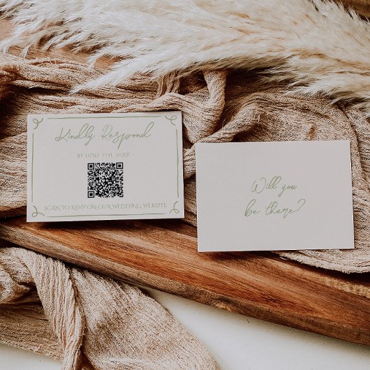 Olive Green QR Code Hand Written Drawn Wedding RSVP Kaartje
