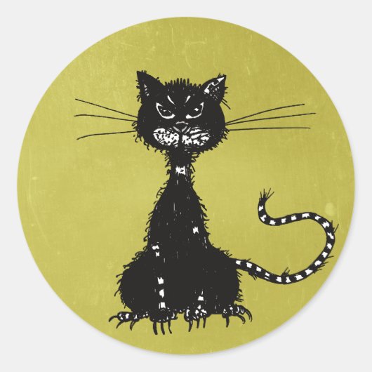 Olive Green Ragged Evil Black Cat Ronde Sticker (Voorkant)