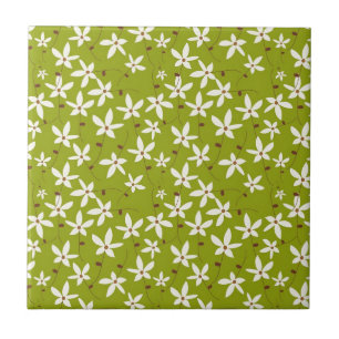 Olive Green Retro Floral Pattern Tegeltje