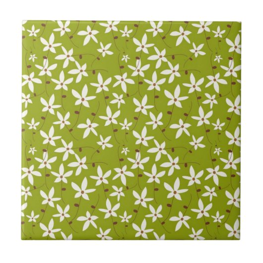 Olive Green Retro Floral Pattern Tegeltje (Voorkant)