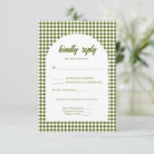 Olive green Retro Minimalist Checker Arch Wedding RSVP Kaartje (Staand voorkant)