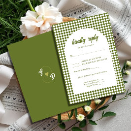 Olive green Retro Minimalist Checker Arch Wedding RSVP Kaartje
