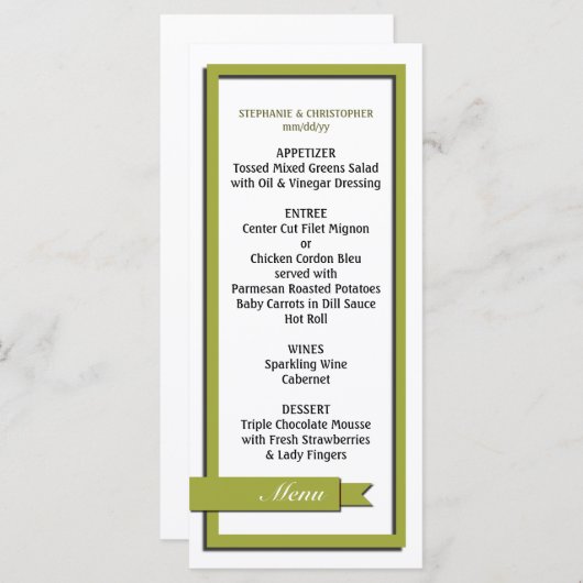 Olive Green Ribbon Wedding Menu / Program (Voorkant / Achterkant)