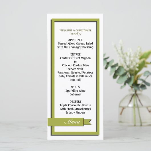 Olive Green Ribbon Wedding Menu / Program (Staand voorkant)