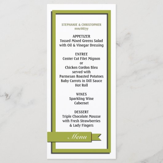 Olive Green Ribbon Wedding Menu / Program (Voorkant)