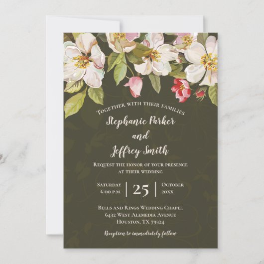 Olive Green + Roze Magnolia Floral Wedding Invite Kaart (Voorkant)