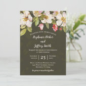 Olive Green + Roze Magnolia Floral Wedding Invite Kaart (Staand voorkant)