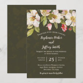 Olive Green + Roze Magnolia Floral Wedding Invite Kaart (Voorkant / Achterkant)
