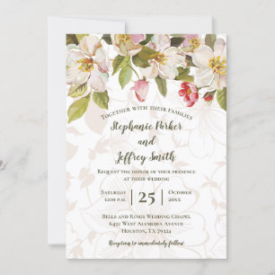Olive Green + Roze Magnolia Floral Wedding Invite Kaart