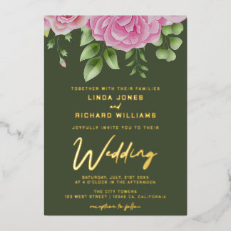 Olive Green Rozen Weddenschap Folie Uitnodiging