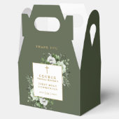 Olive Green Rustic Floral Eerste Heilige Communie Bedankdoosjes (Geopend)