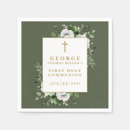 Olive Green Rustic Floral Eerste Heilige Communie Servet