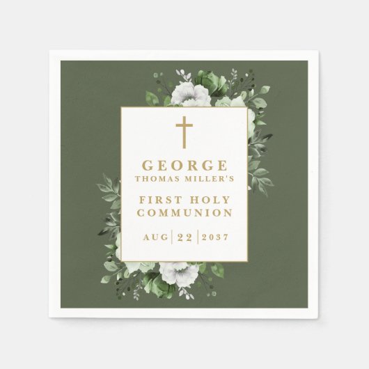 Olive Green Rustic Floral Eerste Heilige Communie Servet (Voorkant)