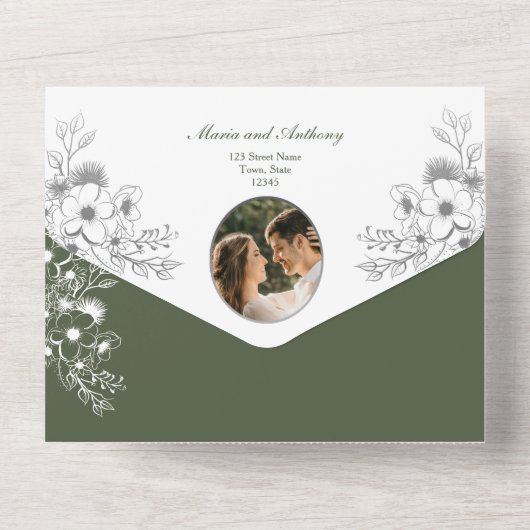 Olive Green Sage Bloemen Foto bruiloft All In One Uitnodiging (Achterkant)