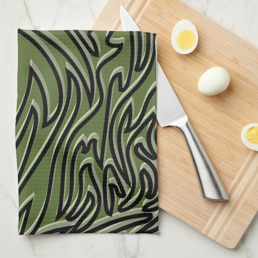 Olive Green, Sage Green en Black Modern Abstract Theedoek (Quarter Fold)