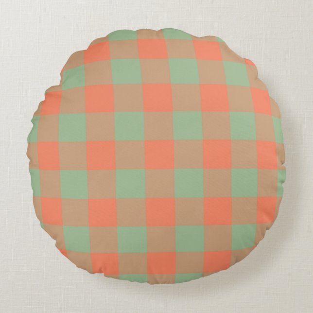 Olive Green Salmon Pink Plaid Checker Pattern Rond Kussen (Voorkant)