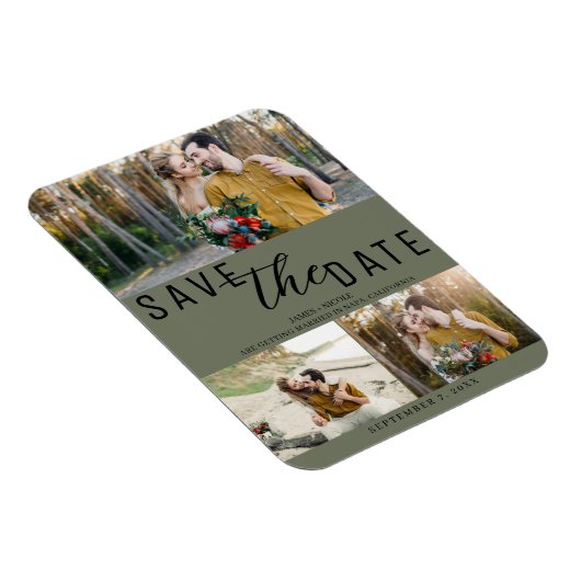 Olive Green Save the Date Wedding 3 Foto's Magneet (Rechterzijde)
