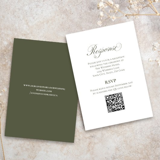 Olive Green Script Wedding RSVP QR Code Card Informatiekaartje