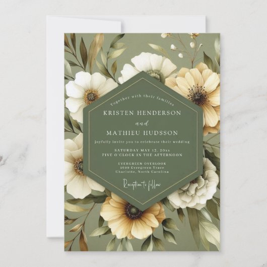 Olive Green Serene Bloom Wedding Kaart (Voorkant)