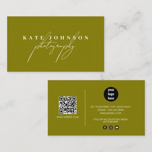 Olive Green Signature Script QR Code Social Media Visitekaartje (Voorkant / Achterkant)