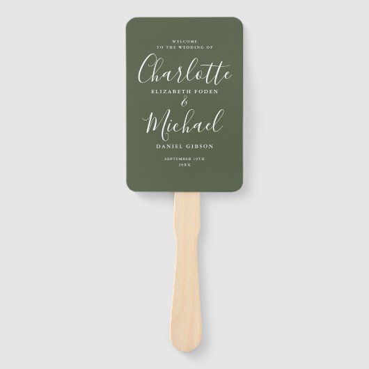 Olive Green Signature Script Weddenprogramma Handwaaier (Voorkant)
